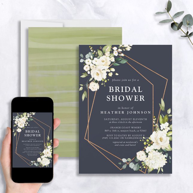 Copper Geometric Blue White Floral Bridal Shower Invitation (Creator Uploaded)