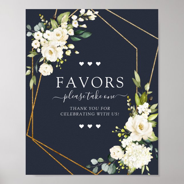 Copper Geometric Blue White Floral Favours Sign (Front)