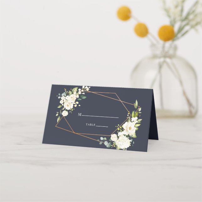 Copper Geometric Blue White Floral Wedding Place Card (Front)