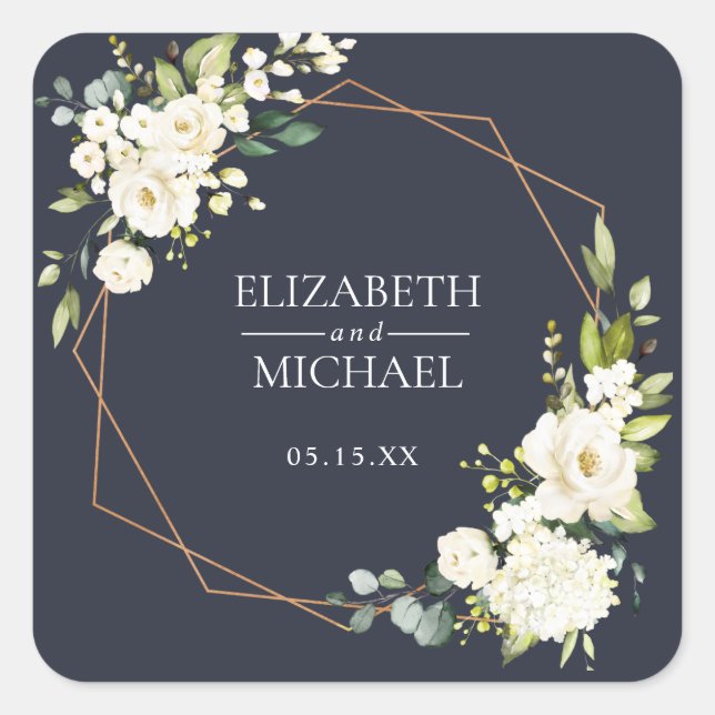 Copper Geometric Blue White Floral Wedding Sticker (Front)