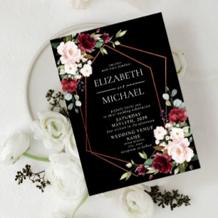 Copper Geometric Burgundy Black Floral  Wedding Invitation