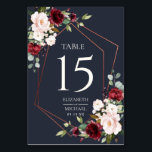 Copper Geometric Burgundy Blue Elegant Wedding Table Number<br><div class="desc">Modern and trendy, this wedding table number card features a faux copper geometric embellished with watercolor eucalyptus greenery and burgundy and pink floral arrangements, over a modern navy blue texture. All text is in matching pale white pink colours, and the design is the same on both sides. Copyright Elegant Invites....</div>