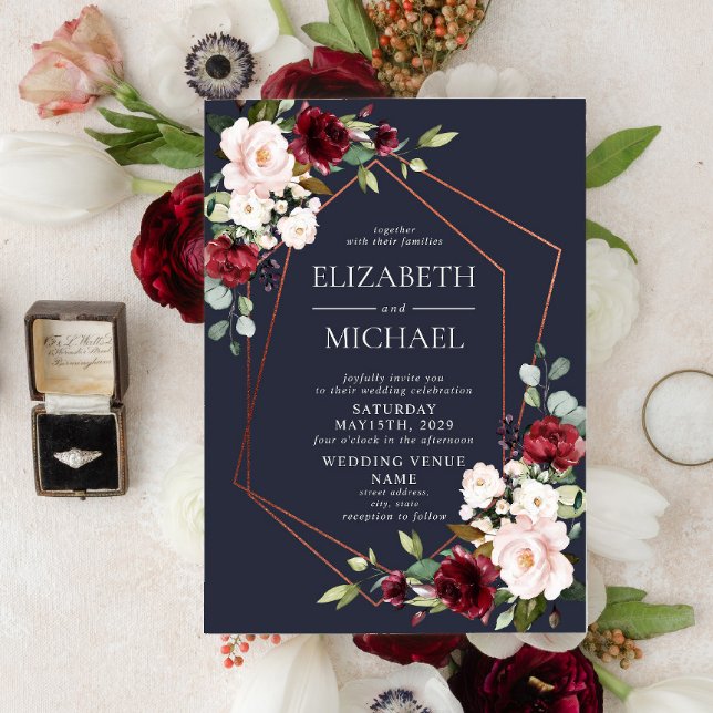 Copper Geometric Burgundy Blue Floral  Wedding Invitation (Creator Uploaded)