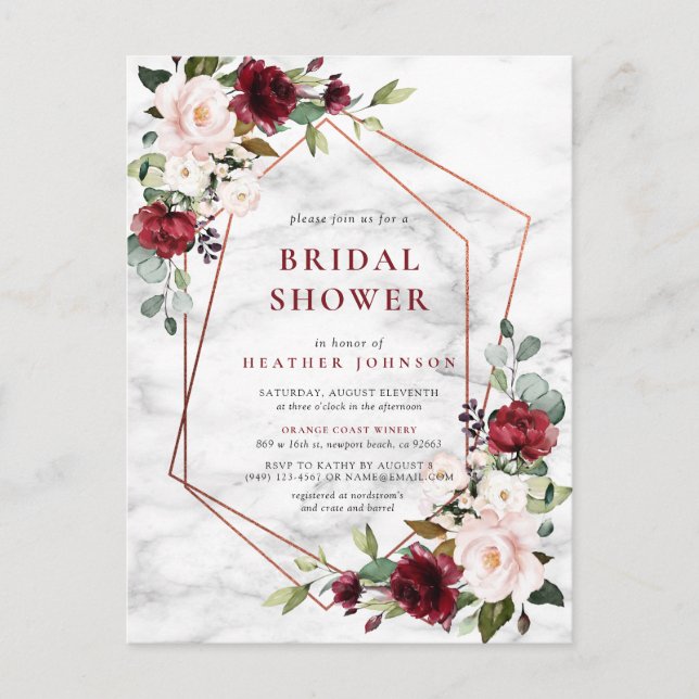 Copper Geometric Burgundy Marble Bridal Shower Announcement Postcard (Front)