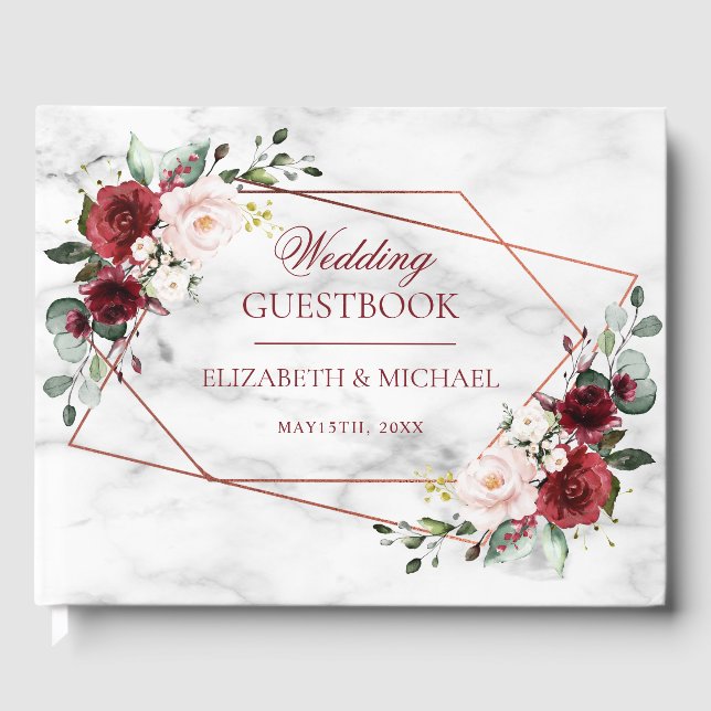 Copper Geometric Burgundy Marble Elegant Wedding Guest Book (Front)