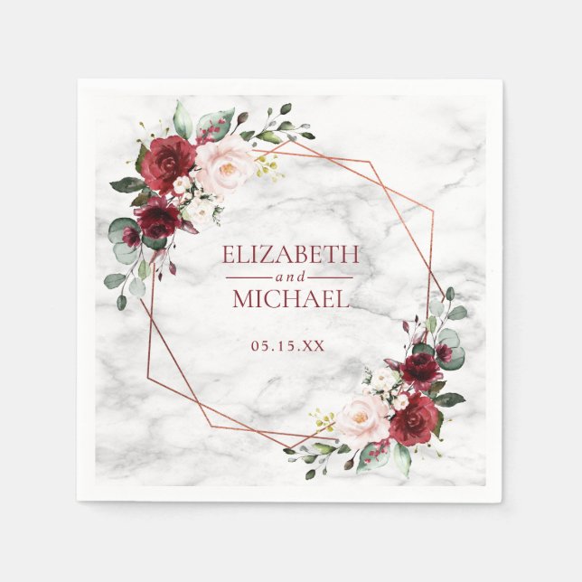 Copper Geometric Burgundy Marble Wedding Napkin (Front)