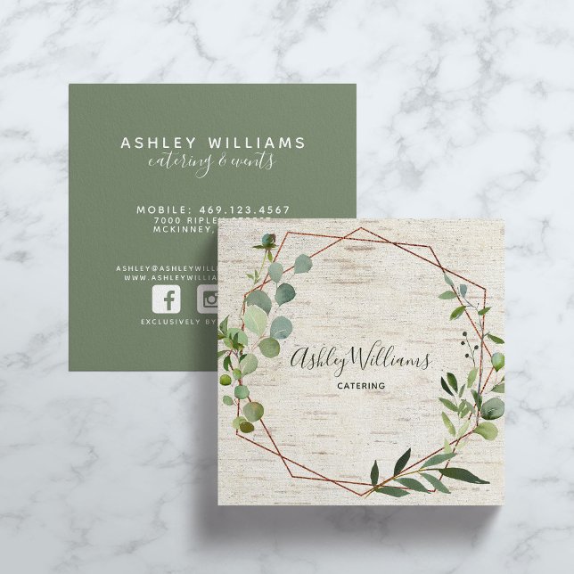 Copper Geometric Greenery Wreath Typography Square Business Card (Creator Uploaded)