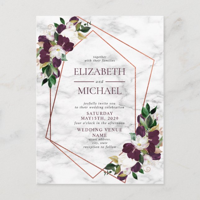Copper Geometric Marble Burgundy Postcard Wedding (Front)