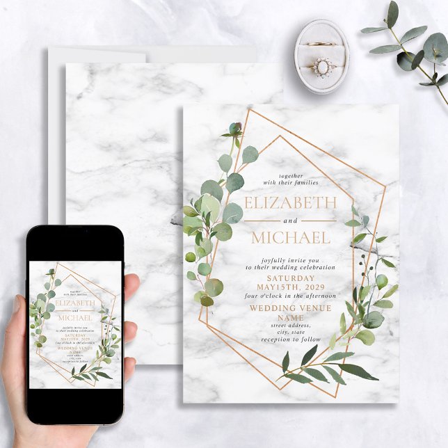 Copper Geometric Marble Eucalyptus Elegant Wedding Invitation (Creator Uploaded)