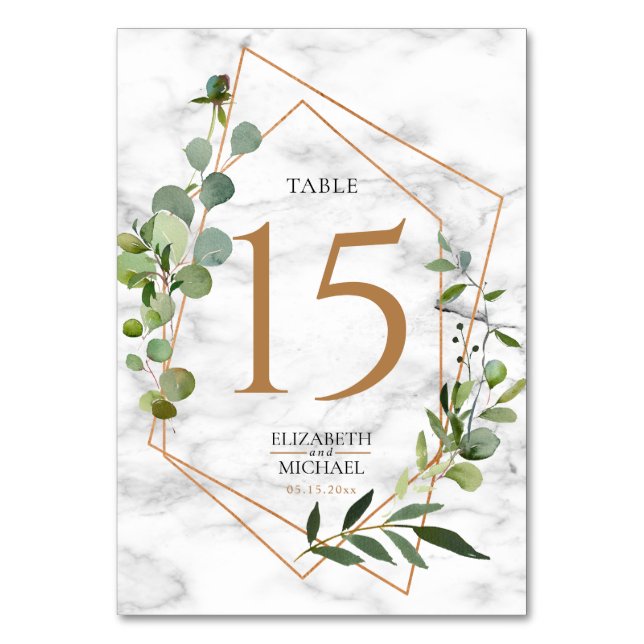 Copper Geometric Marble Eucalyptus Elegant Wedding Table Number (Front)