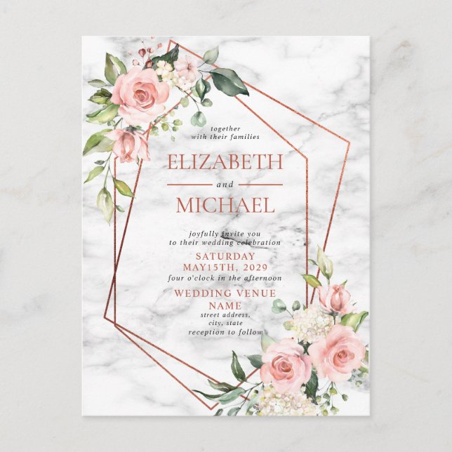 Copper Geometric Marble Pink Floral Postcard (Front)