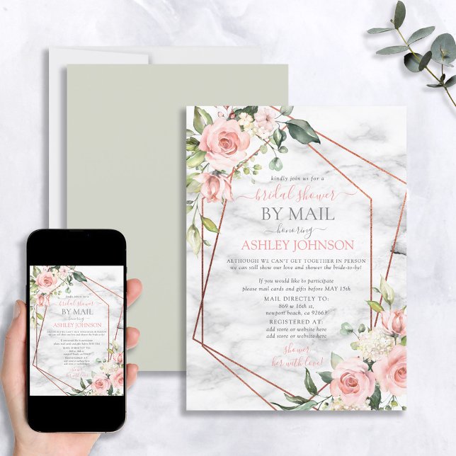 Copper Geometric Marble Pink Floral Shower by Mail Invitation (Creator Uploaded)