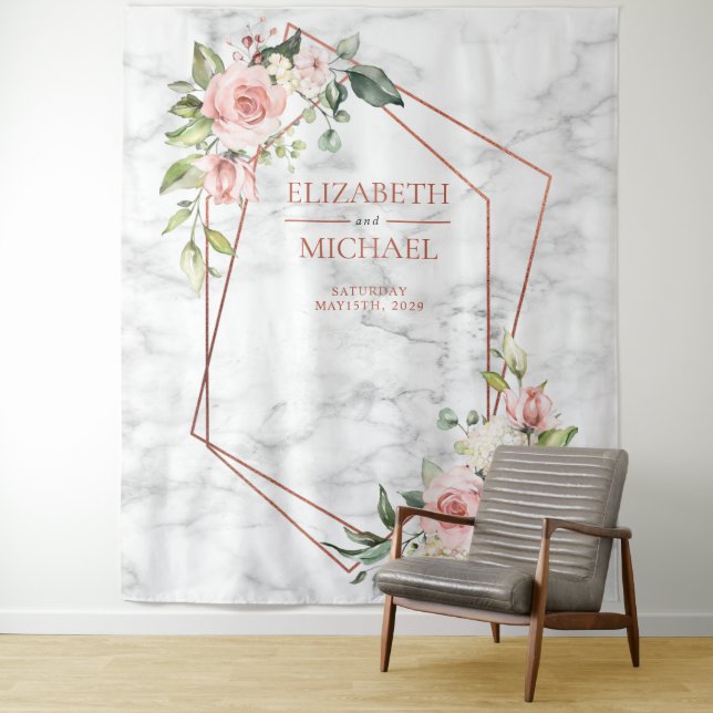 COPPER GEOMETRIC MARBLE PINK FLORAL TAPESTRY (In Situ)