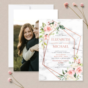 Copper Geometric Marble Pink Floral Wedding Invitation