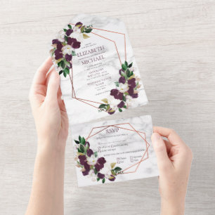 Copper Geometric Marble Plum Burgundy Floral All In One Invitation
