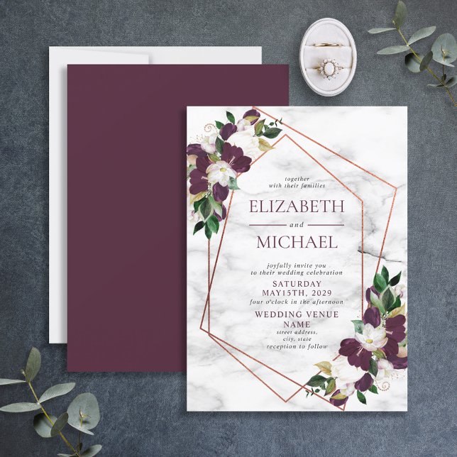 Copper Geometric Marble Plum Burgundy Floral Invitation (Creator Uploaded)