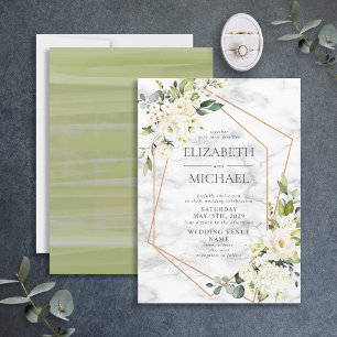 Copper Geometric Marble White Floral  Wedding Invitation