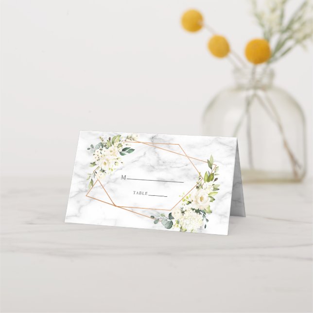 Copper Geometric Marble White Floral Wedding Place Card (Front)