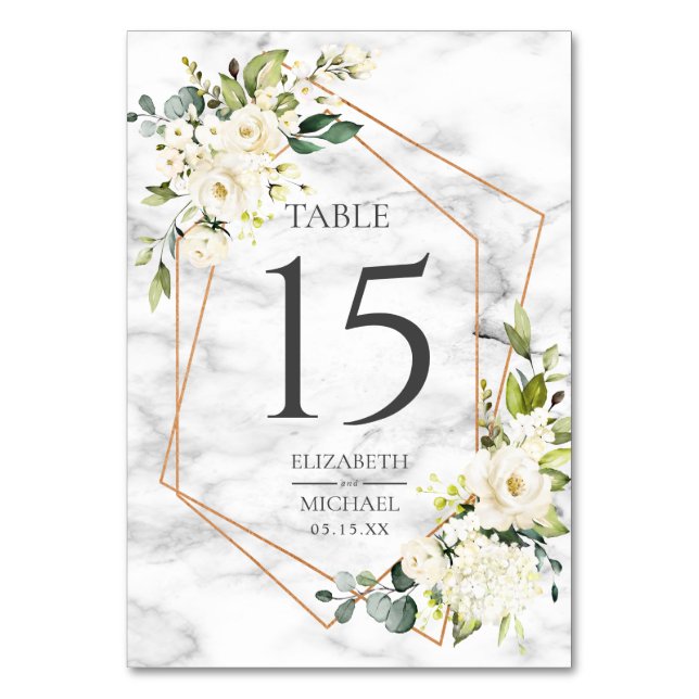 Copper Geometric Marble White Floral Wedding Table Number (Front)