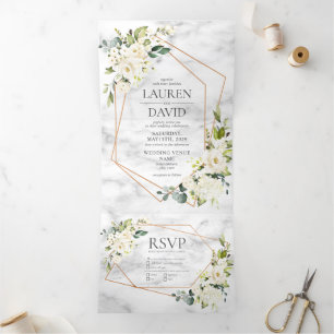 Copper Geometric Marble White Floral Wedding Tri-Fold Invitation