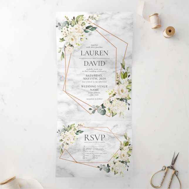 Copper Geometric Marble White Floral Wedding Tri-Fold Invitation (Inside)