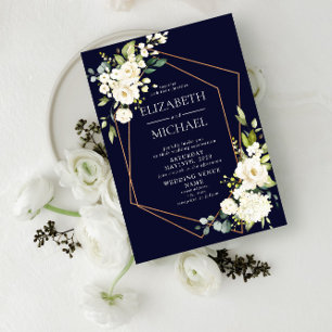 Copper Geometric Navy Blue White Floral  Wedding Invitation