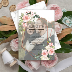 Copper Geometric Pink Floral Vellum Overlay Photo Invitation