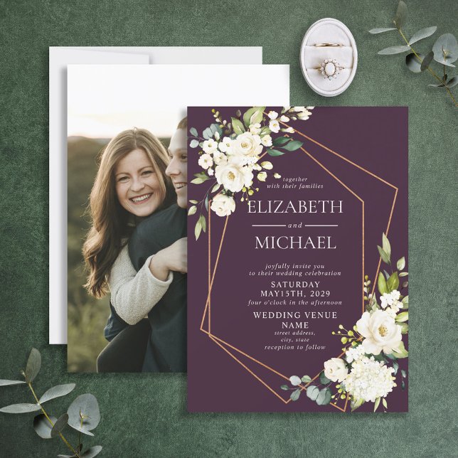 Copper Geometric Plum White Elegant Photo Wedding Invitation (Creator Uploaded)