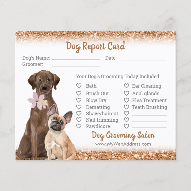 Copper Glitter Dog Grooming Report Card Flyer (Front)