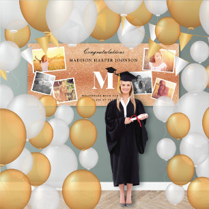Copper Glitter Monogram 6 Photo Graduation Party Banner