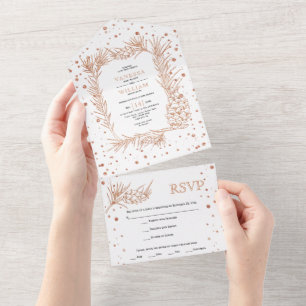 Copper glitter pine and confetti winter wedding all in one invitation