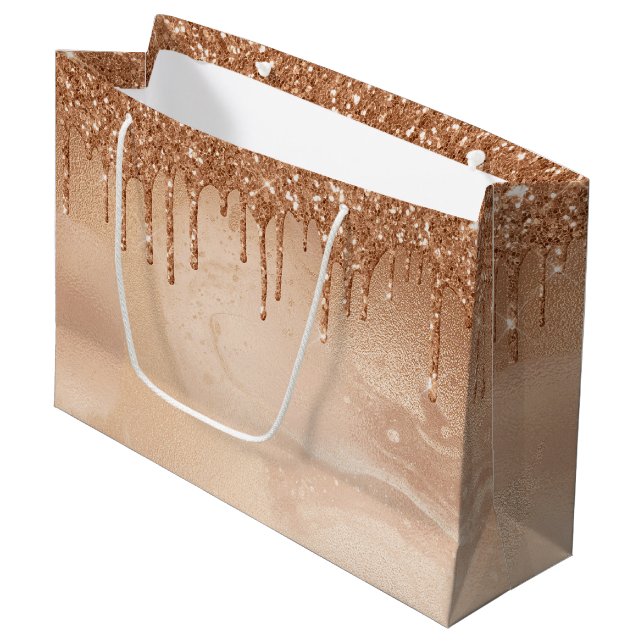 Copper Glitter Rain on Blush Copper Metal Marble Large Gift Bag (Front Angled)