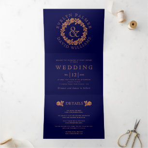 Copper glitter rose wreath navy blue wedding Tri-Fold invitation