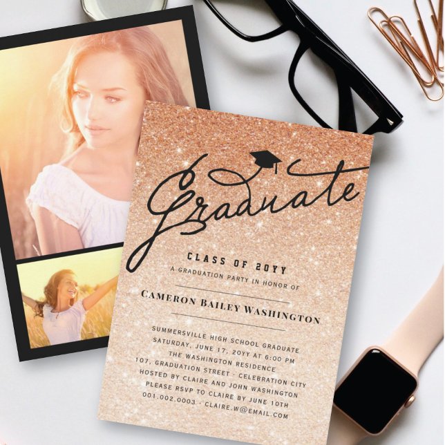 Copper Glitter Stylish Graduate Graduation Party Invitation (Creator Uploaded)