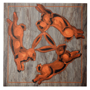 Copper Glow Three Rabbits Simple Motif on Stone Tile