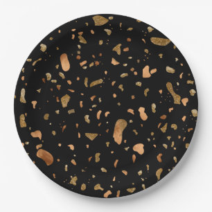 Copper Gold on Black Terrazzo Stone Paper Plate