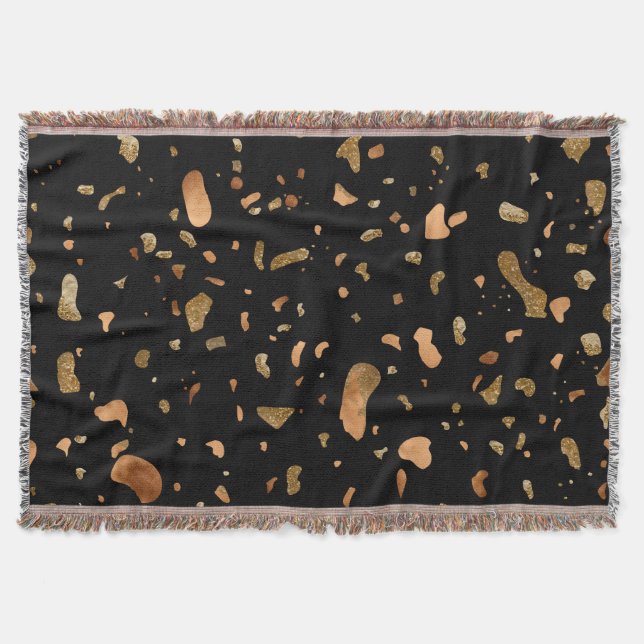 Copper Gold on Black Terrazzo Stone Throw Blanket (Front)