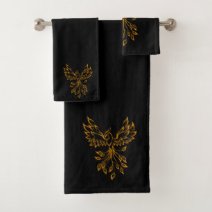Copper Gold Phoenix Rises on Black Bath Towel Set