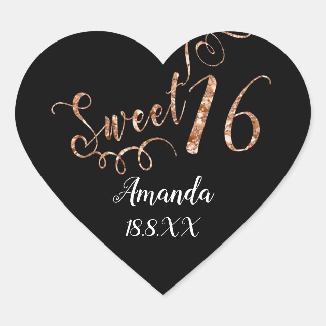Copper Gold Sweet 16th White Heart Name Date Sticker (Front)