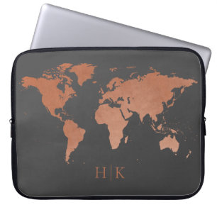 Copper Grey Professional World Map Monogrammed Laptop Sleeve