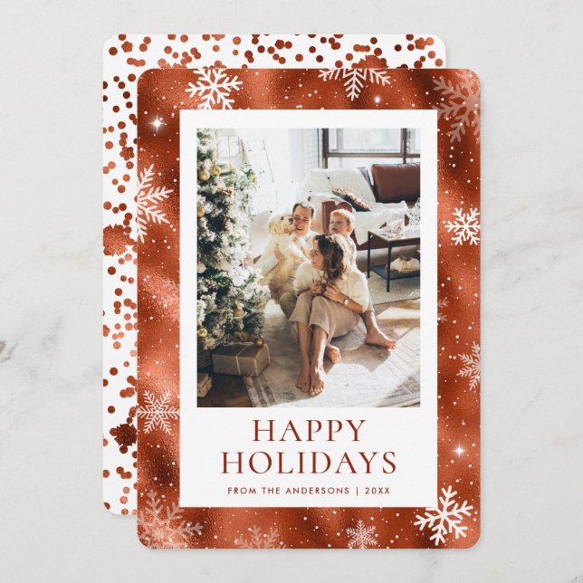 Copper Happy Holidays Snowflake Snow Photo Holiday Card (Front/Back)