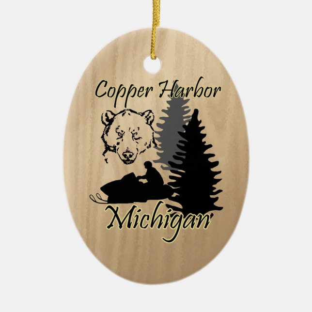 Copper Harbour Michigan Snowmobile Bear Ceramic Tree Decoration (Front)