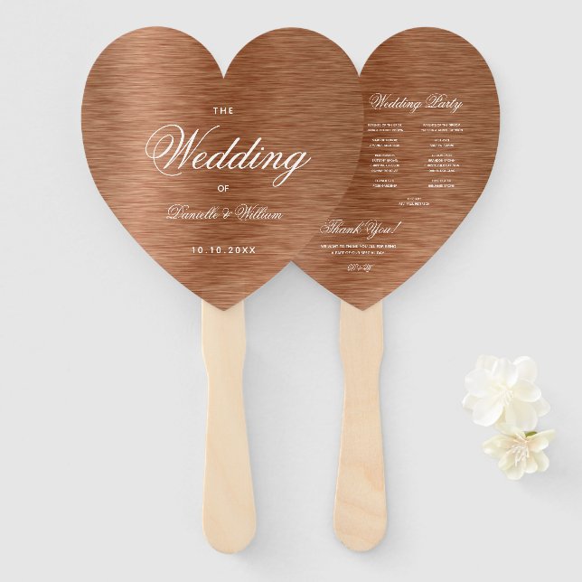 Copper Heart Elegant White Script Wedding Program Hand Fan (Front and Back)