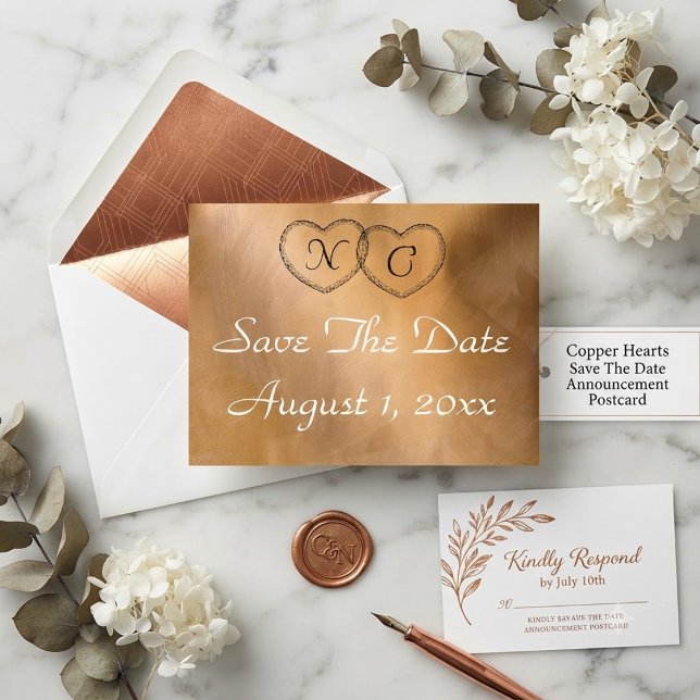 Copper Hearts Save The Date Announcement Postcard (Creator Uploaded)