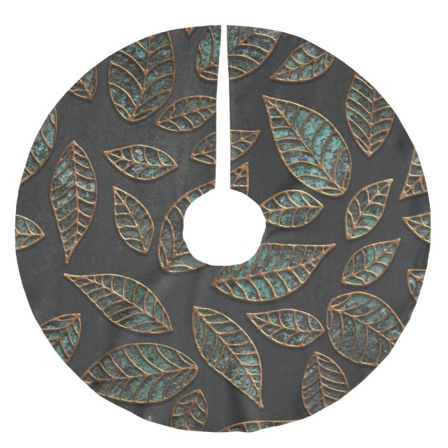 Copper leaves: black grunge texture. brushed polyester tree skirt (Front)