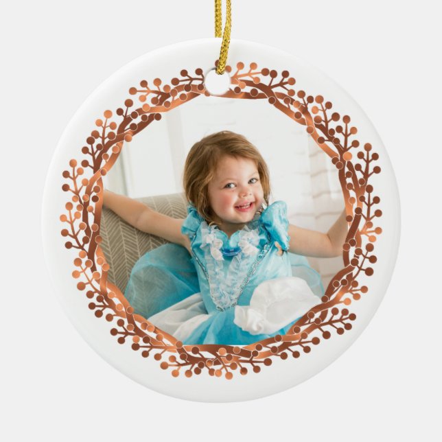 Copper-look Berry wreath & Merry Christmas script Ceramic Tree Decoration (Front)