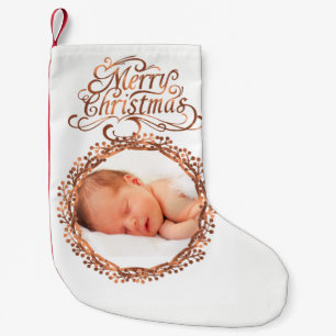 Copper-look Berry wreath & Merry Christmas script Small Christmas Stocking