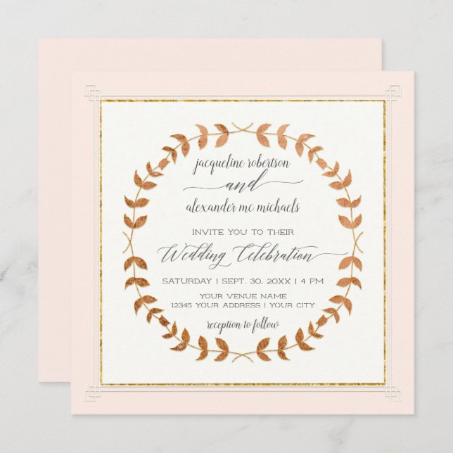 Copper Look Laurel Leaf Wreath Script Typography Invitation (Front/Back)