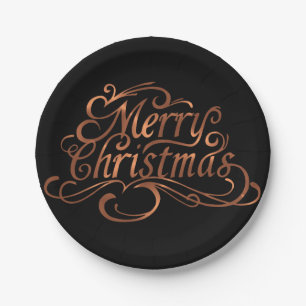 Copper-look Merry Christmas script design Paper Plate