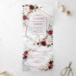 Copper Marble Geometric Burgundy Floral Tri-Fold Invitation